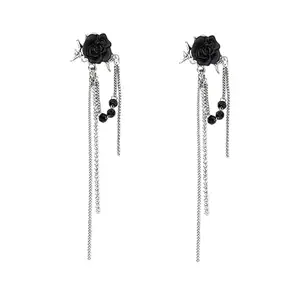 MEENAZ Earrings For Women & Girls Stylish | Western Korean Earrings Black | Flower Chain Long Silver Earrings | Danglers Crystal Drop Tribal Earrings Set for Women Anti Tarnish Aesthetic