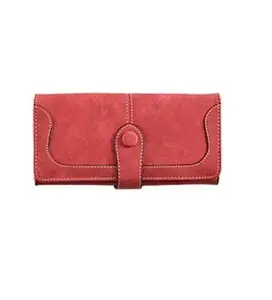 Women's Faux Leather Medium Snap Button Wallet (Red)-PID57473