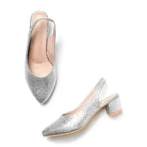Marc Loire Women Glittery, Pointed Toe and Block Heel Fashion Sandal (Silver, 4)