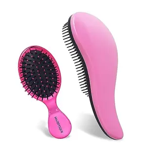 Majestique Mini Travel Hair Brush Set for Girls Women Boys Men Kids, Small Detangling Hairbrush for Wet Dry All Hair Types, Ease Knots Without Tears or Breakage - 2 Pcs/Color May Vary