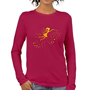 Pooplu Women's Regular Fit Magical Fairy Cotton Printed Round Neck Full Sleeves Fairy, Tops and T-Shirts DarkPink_Small.(Oplu_DarkPink_Small)