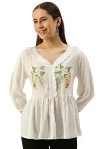 IQRAAR Rayon Embroidery Top for Girl/Women/Ladies (White)