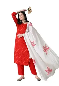 AO Services Women's Red Polka Dot Kurta Set with White Floral Dupatta, 3 Piece Traditional Dress (in, Alpha, 2XL, Regular, Red)