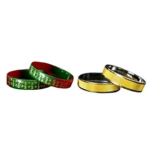 KHANNAK Golden finish Work Glass Kadaset Bangles 2 Pairs of 2 Colours Each for Women and Girls for functions,celebrations and festivals (2.8)
