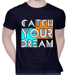 CreativiT Unisex Cotton Graphic Printed Half Sleeve Round Neck T-Shirt - Catch Your Dream - While (D00349-11_Navy Blue_XXX-Large)