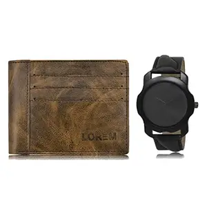 LOREM Combo of Black Wrist Watch & Brown Color Artificial Leather Wallet (Fz-Wl19-Lr22)