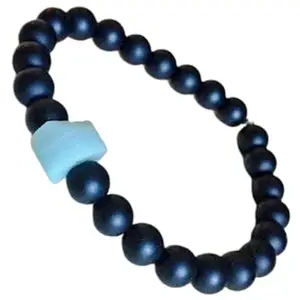 RRJEWELZ Natural Black Obsidian With Amazonite Round Shape Smooth Cut 8mm Beads 7.5 inch Stretchable Bracelet for Healing, Meditation, Prosperity, Good Luck | STBR_01428