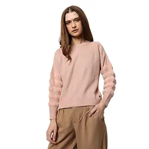 Campus Sutra Women's Pink Striped Fleece Regular Fit Sweater for Winter Wear | Round Neck | Full Sleeve | Woolen Sweater | Casual Jacket for Woman & Girl | Western Stylish Jacket for Women