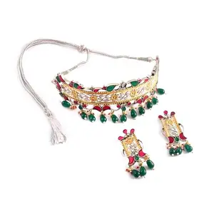 Exquisite Green Onyx Red Pol Stone Chickset - Sterling Silver Necklace Set for Women | Pure 925 Silver Chickset | Stylish & Elegant Design |