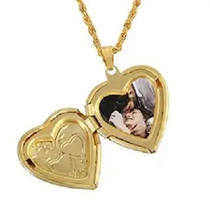 DULCI Made of Brass Gold Plated Heart Pendant Pictures Memory Photo Locket Necklace For Women Men Teenager Girls Boys