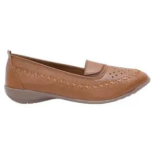 Women's Comfort Loafers, Black Leather, Perforated Design, Slip-On Casual Flats | Women Black Comfort Ballerinas | Soft Sole Casual Slip-On Shoes | Stylish Daily Wear Loafers (Tan, UK Footwear Size System, Adult, Women, Numeric, Medium, 4)