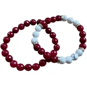 RRJEWELZ Red Chalcedony & Howlite 8mm Round Smooth beads Long Distance Couples Love Friendship Combo Bracelet Set - Couples Relationship 7 inch Stretchable Bracelets set|RR_CPBR_247_7