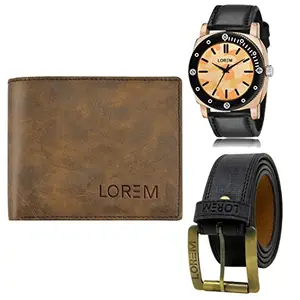 LOREM LOREM Mens Combo of Watch with Artificial Leather Wallet & Belt FZ-LR52-WL25-BL01