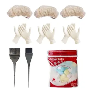 BlackLaoban Dye Brush Large & Small 2PCS, 3X Reusable Elastic Shower Cap And 3X Gloves For Hair Dyeing and Bleaching With Big Pack Of Cotton Balls Black (Pack Of 9)