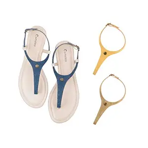 Cameleo -changes with You! Women's Plural T-Strap Slingback Flat Sandals | 3-in-1 Interchangeable Strap Set | Dark-Blue-Yellow-Olive-Green