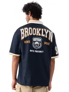 The Souled Store Brooklyn Nine-Nine: The Precinct Men and Boys Short Sleeves Collared Neck Navy Blue Graphic Printed Cotton Oversized Polos