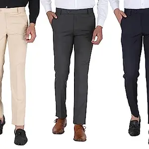 Shotarr Slim Fit Beige, Darkgrey, Navy Formal Trouser for Men - Polyester Viscose Bottom Formal Pants for Gents - Office Formal Pants for Men - Combo Pack of 3