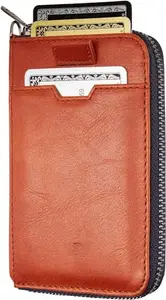 Contacts Unisex RFID Blocking Minimalist Leather Zipper Slim Multi Cardholder Wallet (Tan)