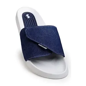 SOLETHREADS DENIM SLIDES | Comfortable | Denim upper | Ribbed footbed | Sturdy | Durable | Cool and Fashionable | Slides for Men | WHITE/NAVY | UK/India Size 9