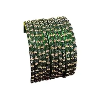 Glass Bangle Women's Traditional designer glass zircon bangles set with rose pattern and golden stone work stylish for occasional wear(Pack of 12 Pcs)