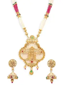 OOMPHelicious Jewellery Gold Ram, Sita, Laxman Long Mala Necklace Set - Poth Moti Detailing with Jhumka Earrings for Women & Girls Stylish Latest (NESA3_CC1)