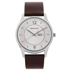 Sonata Quartz Analog with Day and Date Silver Dial Leather Strap Watch for Men-NS77082SL02W/NT77082SL02W