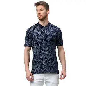Klub Fox Navy Mens Printed Regular Fit Cotton T-Shirts with Polo Collar & Short Sleeves