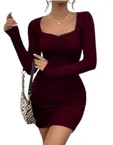 Long Sleeves Short One Piece A-Line Midi Dress for Women – Elegant Fit & Flare Casual Party Dress, Stylish Knee Length Outfit for Office, Evening Night