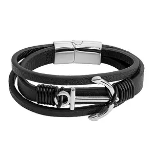 Shining Jewel - By Shivansh Shining Jewel Braided Anchor Design Stainless Steel and Multilayer Leather Bracelet for Men, Boys (SJ_3562)
