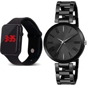 Design Leather Strap Analog Watch and Rubber Strap Digital Watch Free for Girls(SR-613) AT-6131(Pack of-2)