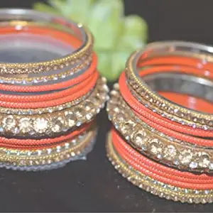 Generic Pumpkin Orange Striped Metal Bangles with Royal Kangan Set
