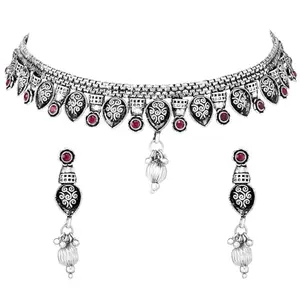 Peora Silver Plated Rani Pink Synthetic Stone Studded Choker Necklace Drop Earrings Ethnic Jewellery Set for Women & Girls