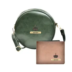 YOUR GIFT STUDIO : Classy Leather Customized Chained Sling Bag Round + Men's Wallet -Green Brown