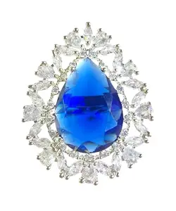 Chandrani Collection Elegant Silver-Toned Brass Ring for Women & Girls with Royal Blue Centre Halo Crystal CZ Diamond | Stylish Classy Ring for Women and Girls