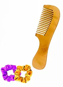 BigBro Pure Natural Wooden Comb Wide Teeth with Handle for Women and Men | Organic Antibacterial Hair Dandruff Remover Styling Comb| Handcrafted (Pack of 1 Combs + 2 Velvet Hair Scrunchies)