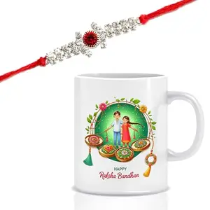 Ethnic Darzi Silver Metal Premium Rakhi with Printed Coffee Mug – Elegant Rakhi Gift Combo for Brother – Festive Raksha Bandhan Hamper- RKMUG-255