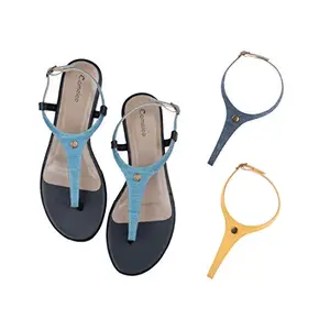 Cameleo -changes with You! Women's Plural T-Strap Slingback Flat Sandals | 3-in-1 Interchangeable Strap Set | Light-Blue-Dark-Blue-Yellow