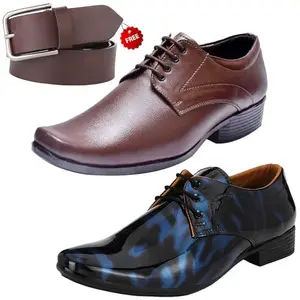 Attractive Trendy Formal Shoes/Party Shoes/ 2 Shoes Combo with Free Belt for Men and Boys (BAZAAR8457_VTR01-Blk-Blu004-Brwn-1-Brwn) Multicolor
