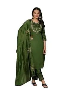 SAMRAGNI Women’s Elegant Straight Kurti Pant Dupatta Set | Viscose Silk Embroidered Kurta | Chanderi Silk Digital Print Dupatta
