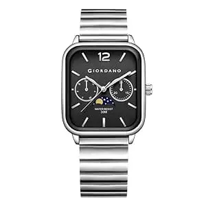 Giordano Classic Square Analog Watch for Men with Moon Phase Display and Stainless Steel Strap - GZ-50117