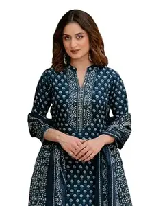 Arayna Women’s Pure Cotton Printed Kurta Pant Dupatta Set with Hand-Finished Embroidered Neckline | Straight Ethnic Suit Set for Women