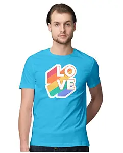 ALLEN BLACK Men's Regular Fit T-Shirt Love - Rainbow 100% Cotton T-Shirt Sky Blue_LVRINAMN-Sky Blue XL Men Round_
