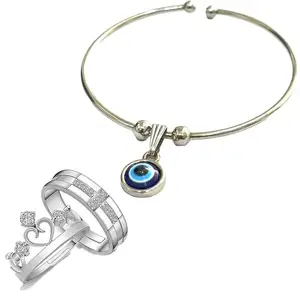 JD Jewellers Platinum Plated American Crystal Crown Elegant Couple Adjustable Ring + Blue Turkish Evil Eye Nazar Combo Stylish Valentine Gifts for Women Girls Men Boys Girlfriend Lovers Romantic Kada