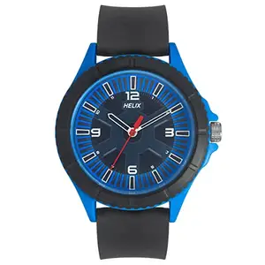 Helix by Timex Analog Watch for Man with Black/Blue Round Dial & Black Silicone Strap Band Water Resistant Men's Wrist Watches - TW033HG21