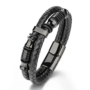 Vientiq Double Layer Men Leather Wristband - Stainless Steel Magnetic Clasp Bracelet