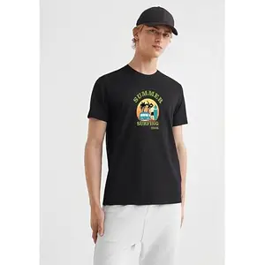 Generic ADI Retail Cotton Printed Round Neck Half Seelve Regular Fited Summer Surfing Time T-Shirt for Mens (Color:-Black, Size:-L)