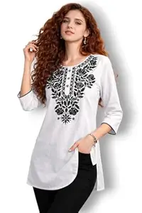 Women Rayon Embroidered Straight Kurti Top | Floral Thread Work | 3/4 Sleeve Casual Office Wear Tunic for Jeans & Leggings