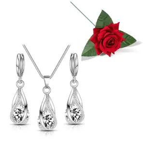 Peora Silver Plated American Diamond Studded Pendant Chain Necklace with Drop Earrings Valentine's Day Gift for Women & Girls with Red Rose