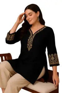 Women's Black Rayon Short Kurti with Floral Embroidery, 3/4 Sleeves (in, Alpha, L, Standard, Black)