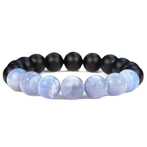 RRJEWELZ 10mm Natural Gemstone Blue Lace Agate & Matte Black Onyx Round shape Smooth cut beads 7 inch stretchable bracelet for women. | STBR_RR_W_02186